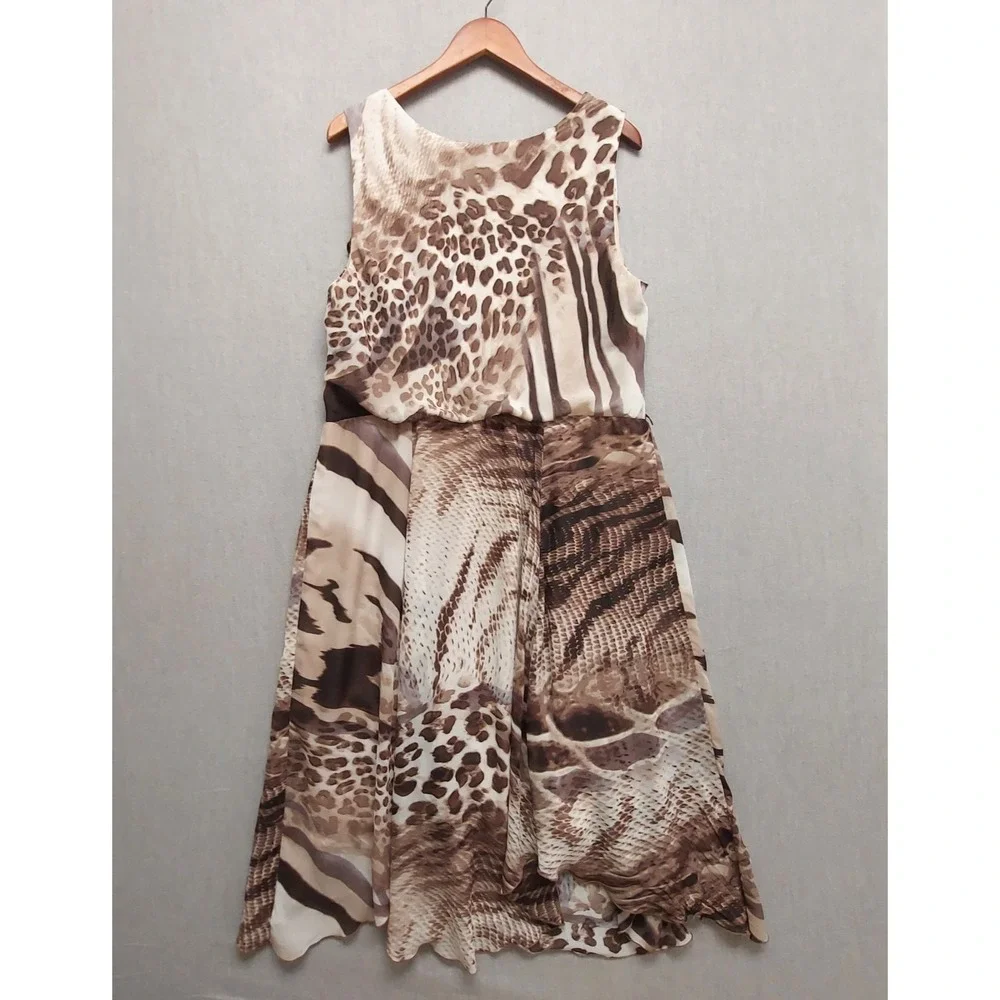 Dressbarn Animal Print Midi Dress 16 Asymmetric Hem Brown Resort Flowy Vacation